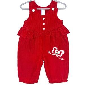 Vintage Baby Girls Red Corduroy Heart Buttons Ruffle Biw Applique Overalls 6-9M